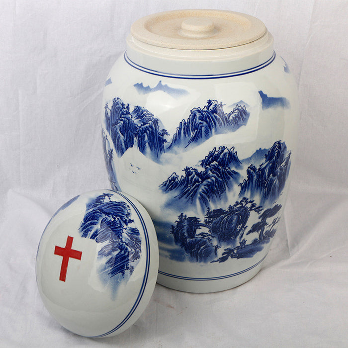 Blue & White Ceramic Urn